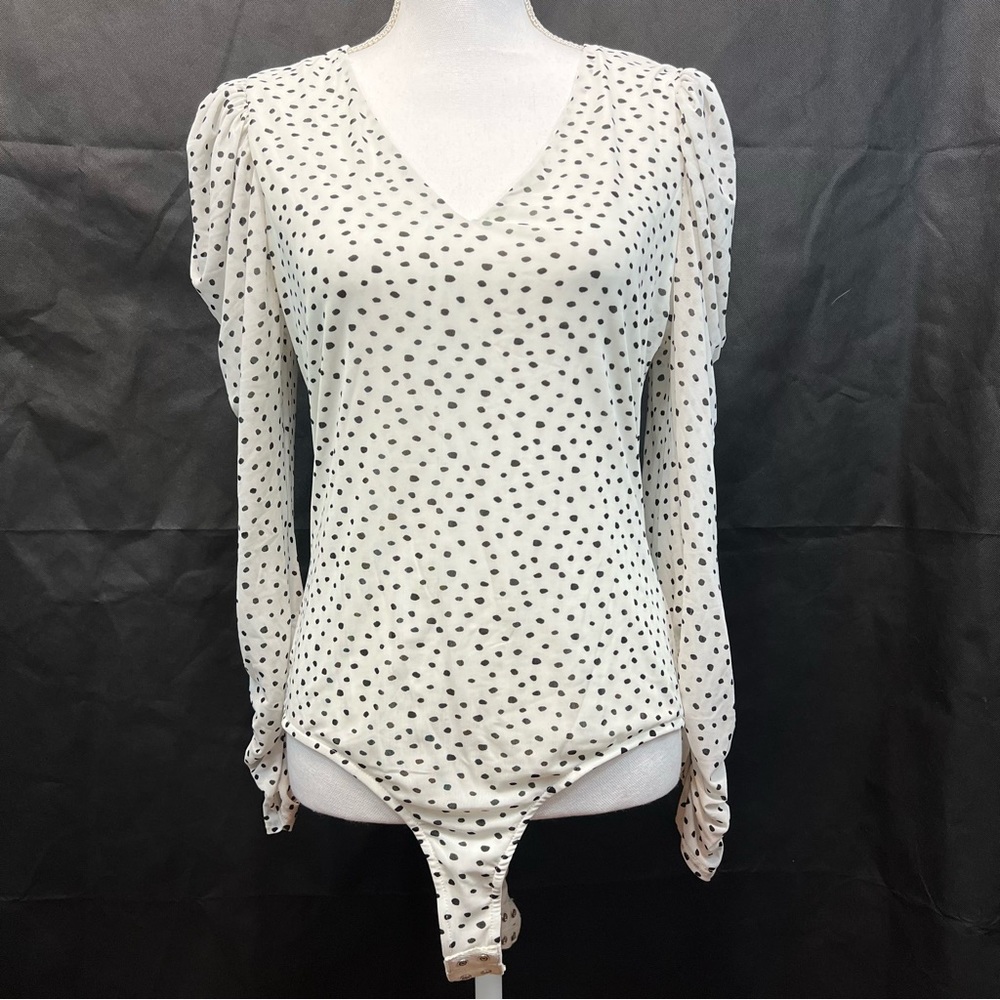 Ember Womens Bodysuit Puff Ruched Sleeve V-Neck White Black Polka Dot Sz L
